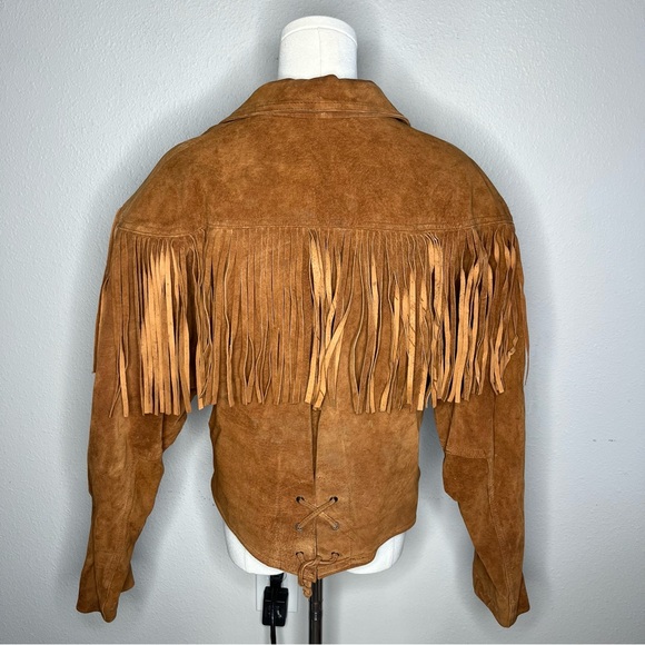 Vintage Wilson’s Leather Brown Suede Fringe Trim Diagonal Snap Button Jacket - Picture 3 of 13